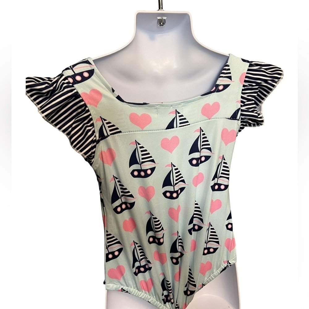 Pete and Lucy Blue Sailboat and Pink Heart Short Sleeve Romper with Ruffles NWT - Picture 3 of 4